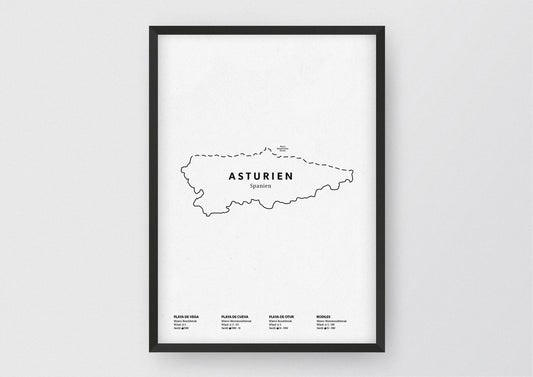 Minimalistische Illustration der Karte von Asturien, mit Markierung der Küste sowie vier Surfhotspots der Region, als stilvoller Einrichtungsgegenstand für Zuhause.