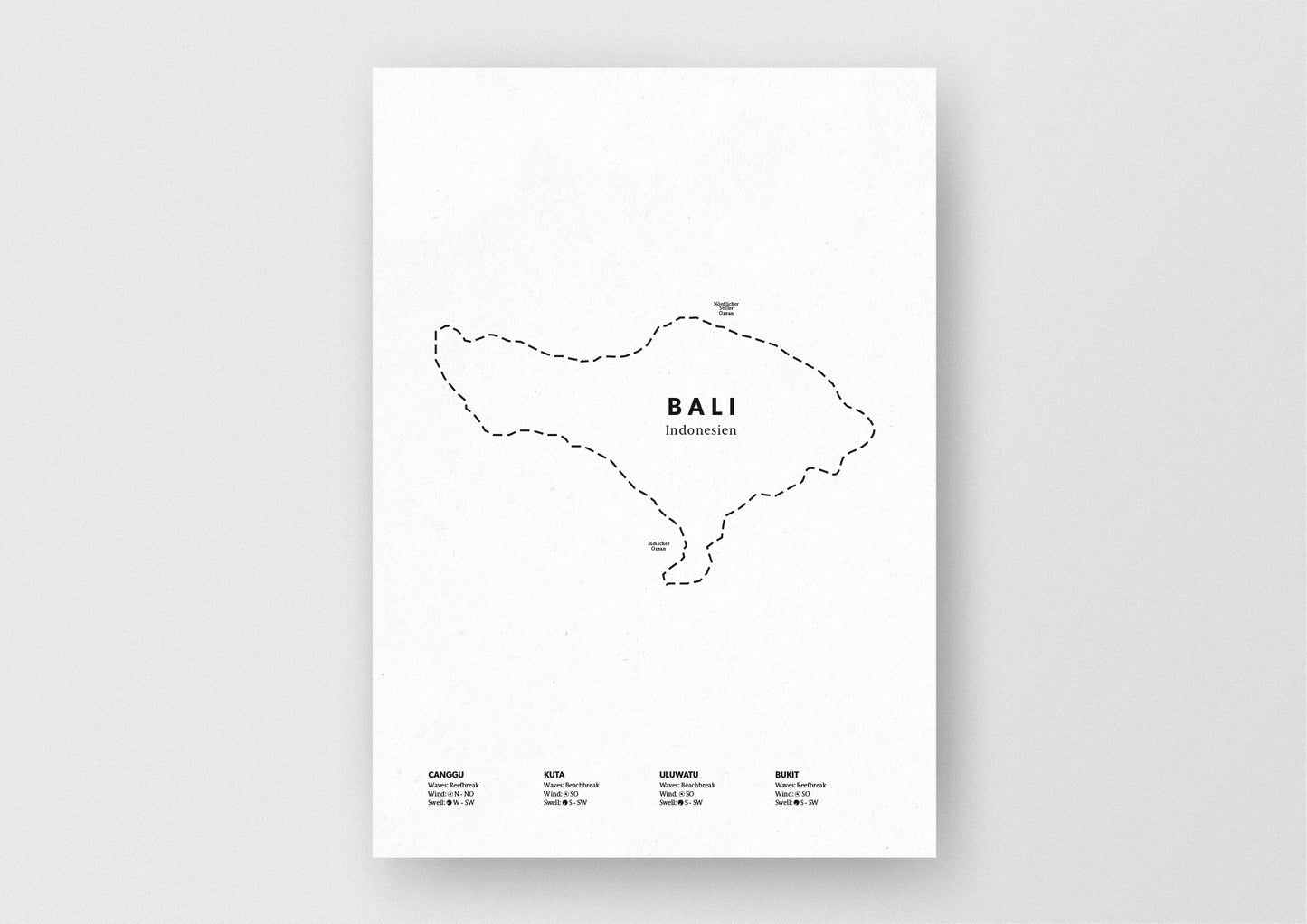 Minimalistische Illustration der Karte von Asturien, mit Markierung der Küste sowie vier Surfhotspots der Region, als stilvoller Einrichtungsgegenstand für Zuhause.