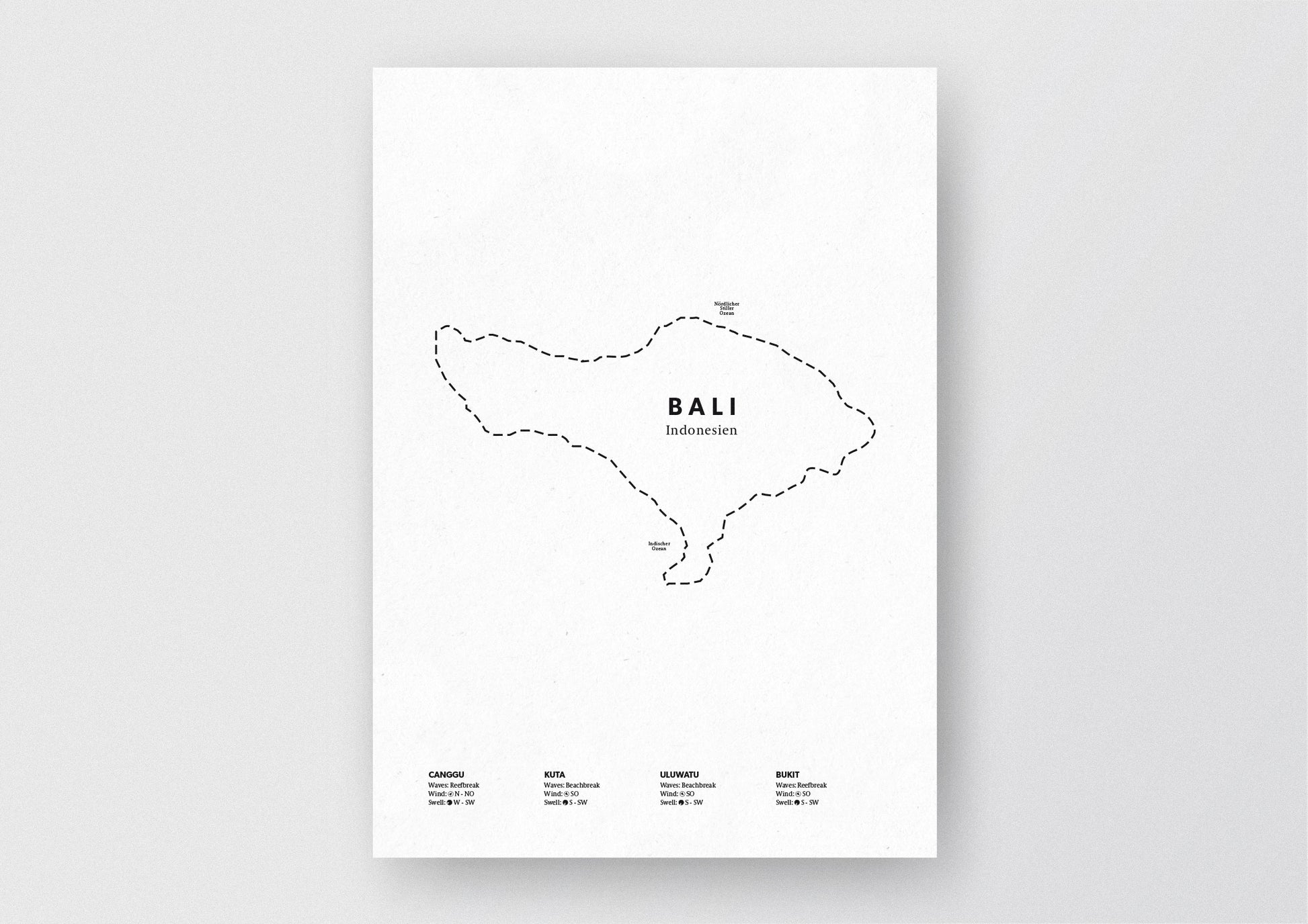 Minimalistische Illustration der Karte von Asturien, mit Markierung der Küste sowie vier Surfhotspots der Region, als stilvoller Einrichtungsgegenstand für Zuhause.