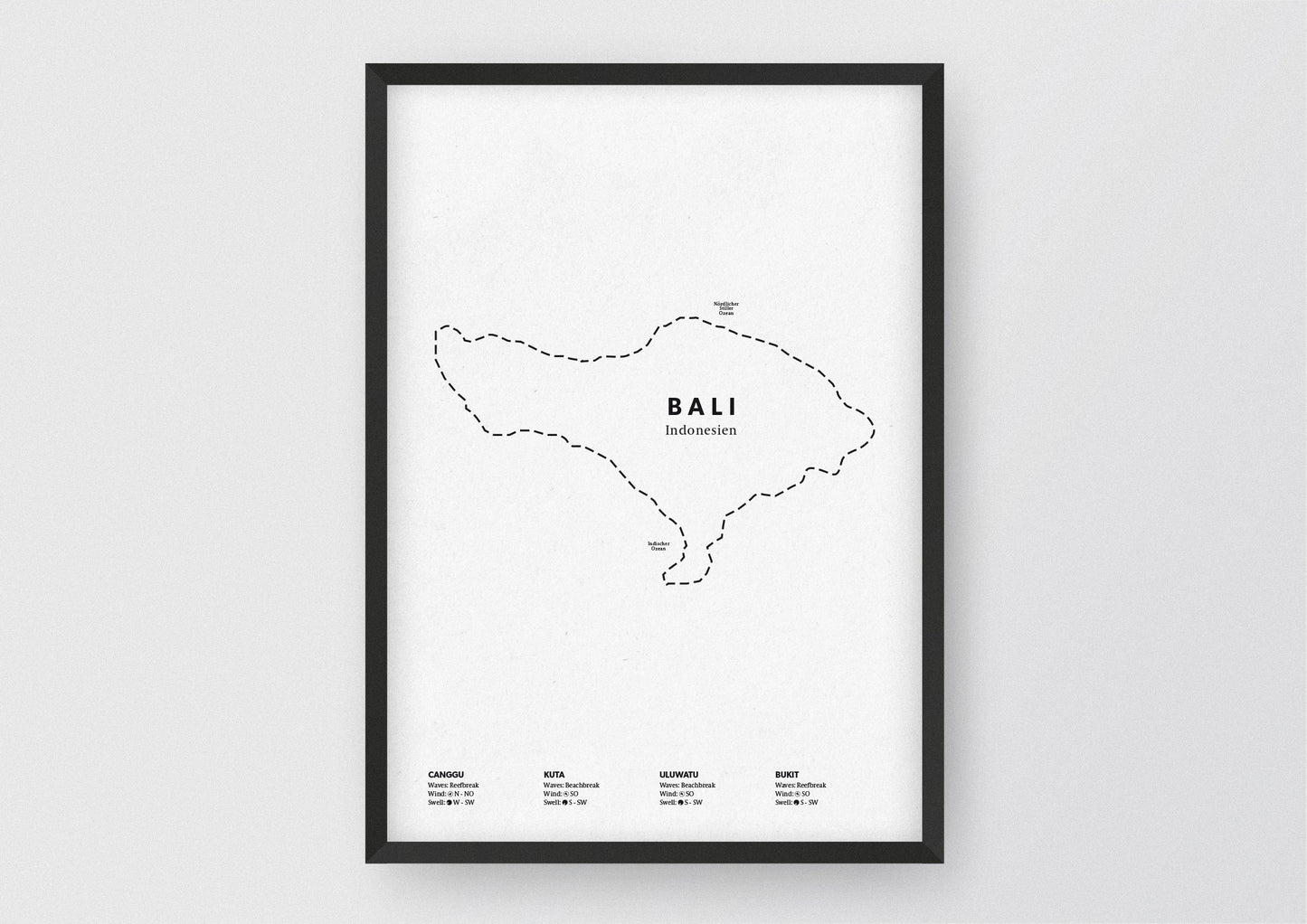 Minimalistische Illustration der Karte von Asturien, mit Markierung der Küste sowie vier Surfhotspots der Region, als stilvoller Einrichtungsgegenstand für Zuhause.