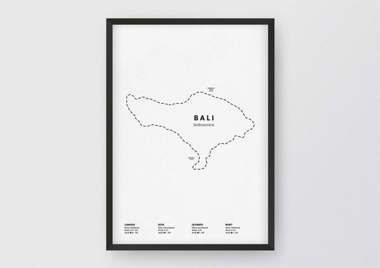 Minimalistische Illustration der Karte von Asturien, mit Markierung der Küste sowie vier Surfhotspots der Region, als stilvoller Einrichtungsgegenstand für Zuhause.