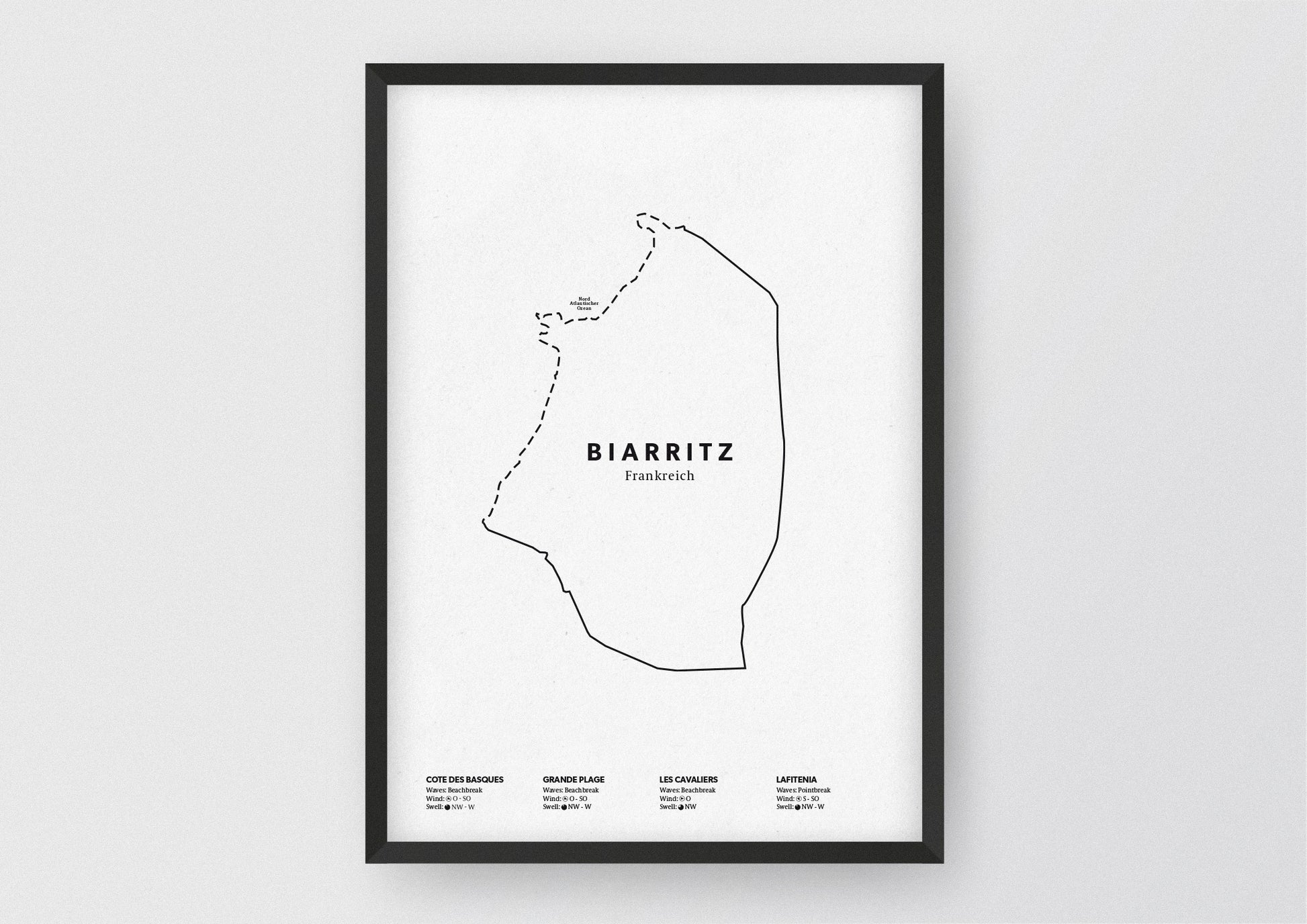 Minimalistische Illustration der Karte von Biarritz, mit Markierung der Küste sowie vier Surfhotspots der Region, als stilvoller Einrichtungsgegenstand für Zuhause.