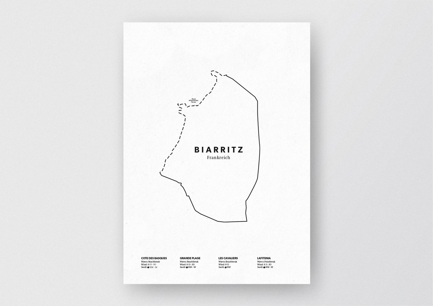 Minimalistische Illustration der Karte von Biarritz, mit Markierung der Küste sowie vier Surfhotspots der Region, als stilvoller Einrichtungsgegenstand für Zuhause.