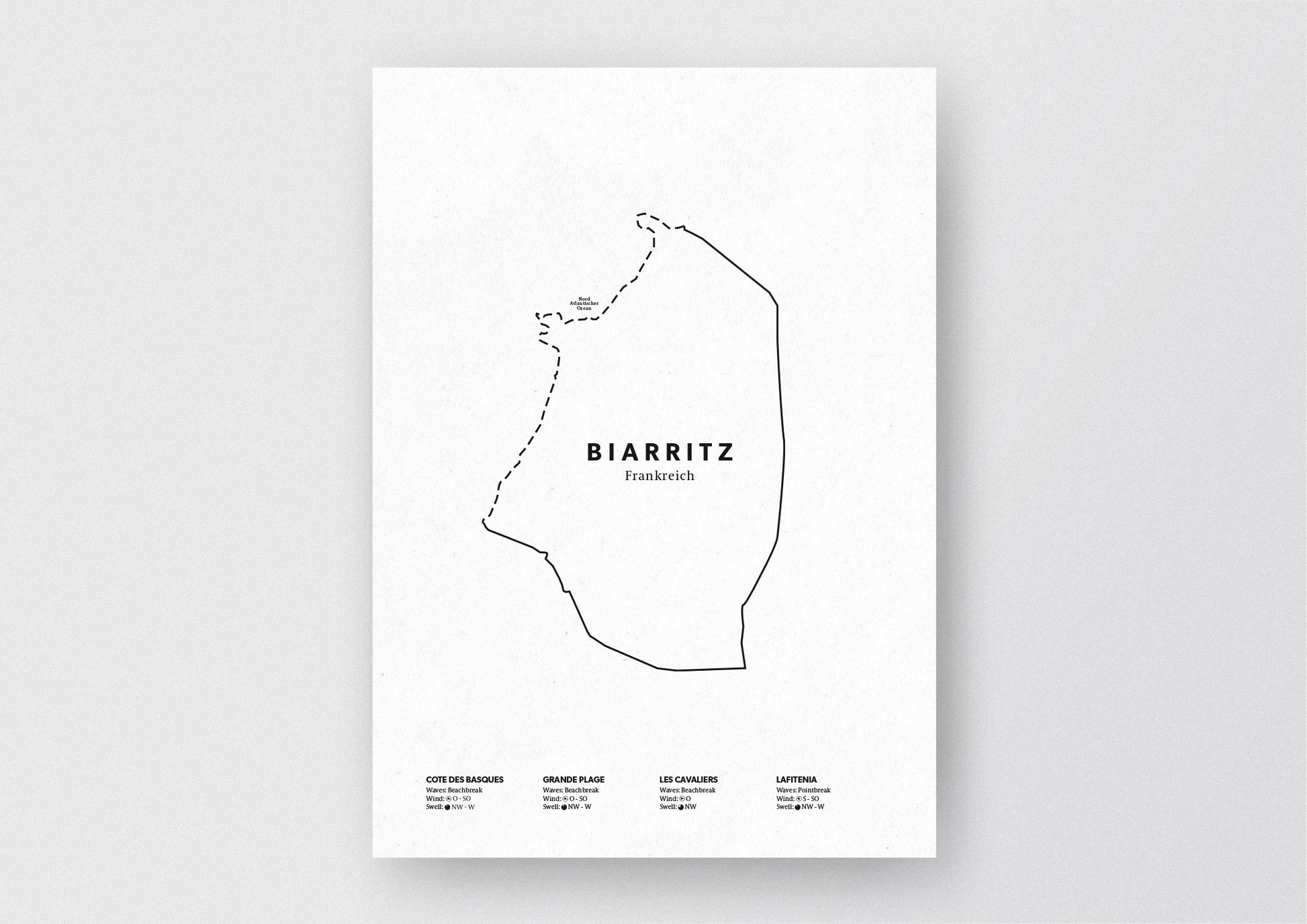 Minimalistische Illustration der Karte von Biarritz, mit Markierung der Küste sowie vier Surfhotspots der Region, als stilvoller Einrichtungsgegenstand für Zuhause.