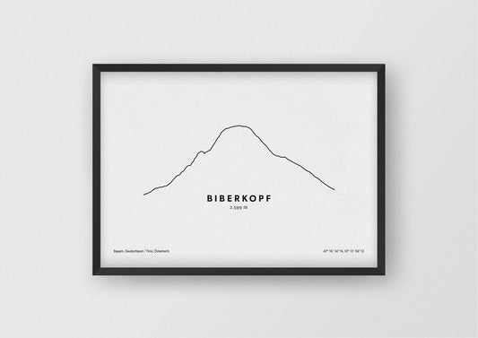 Minimalistische Illustration des Biberkopf in den Allgäuer Alpen auf der Grenze von Bayern und Tirol, als stilvoller Einrichtungsgegenstand für Zuhause.