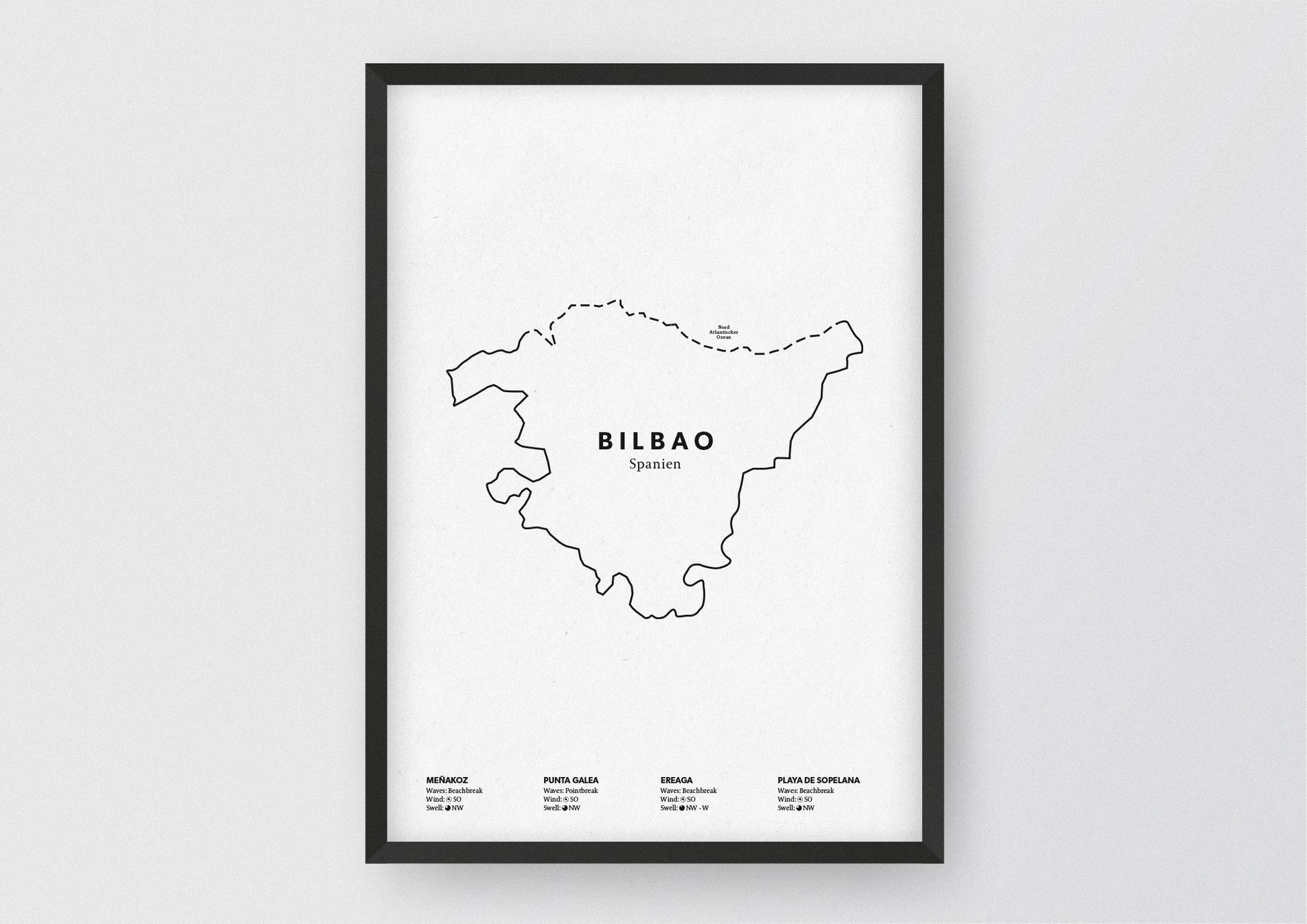 Minimalistische Illustration der Karte von Bilbao, mit Markierung der Küste sowie vier Surfhotspots der Region, als stilvoller Einrichtungsgegenstand für Zuhause.