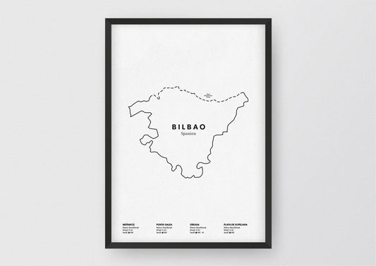 Minimalistische Illustration der Karte von Bilbao, mit Markierung der Küste sowie vier Surfhotspots der Region, als stilvoller Einrichtungsgegenstand für Zuhause.