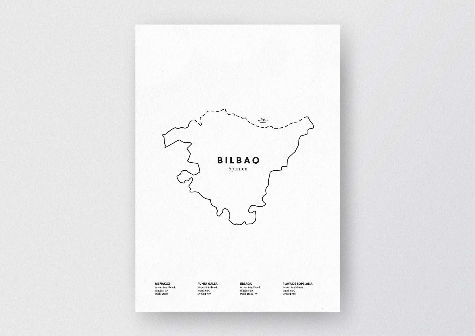 Minimalistische Illustration der Karte von Bilbao, mit Markierung der Küste sowie vier Surfhotspots der Region, als stilvoller Einrichtungsgegenstand für Zuhause.