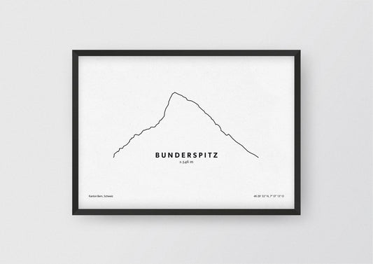 Minimalistische Illustration des Bunderspitz in den Berner Alpen, als stilvoller Einrichtungsgegenstand für Zuhause.