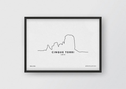 Minimalistische Illustration der Ackerlspitze, des Cinque Torri in den Ampezzaner Dolomiten, als stilvoller Einrichtungsgegenstand für Zuhause.
