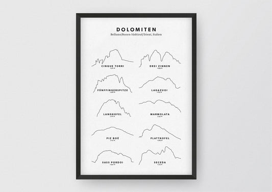 Minimalistische Illustration der Dolomiten, als stilvoller Einrichtungsgegenstand für Zuhause.