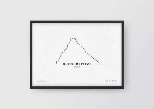 Minimalistische Illustration der Dufourspitze in den Walliser Alpen, als stilvoller Einrichtungsgegenstand für Zuhause.