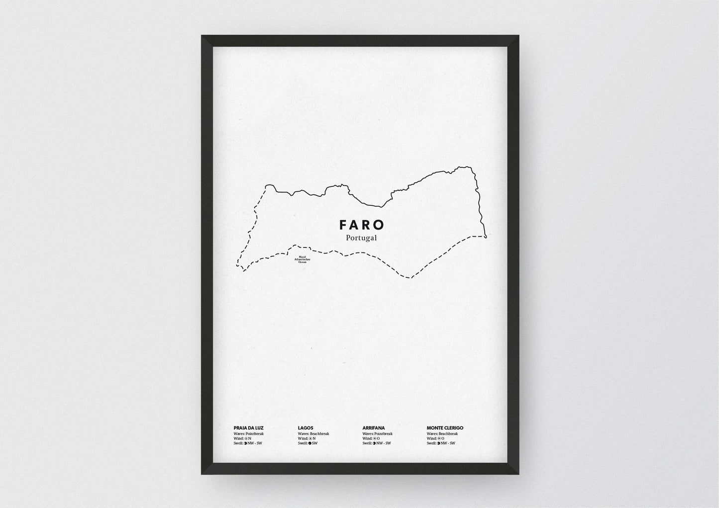 Minimalistische Illustration der Karte von Faro, mit Markierung der Küste sowie vier Surfhotspots der Region, als stilvoller Einrichtungsgegenstand für Zuhause.