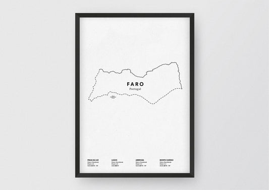 Minimalistische Illustration der Karte von Faro, mit Markierung der Küste sowie vier Surfhotspots der Region, als stilvoller Einrichtungsgegenstand für Zuhause.