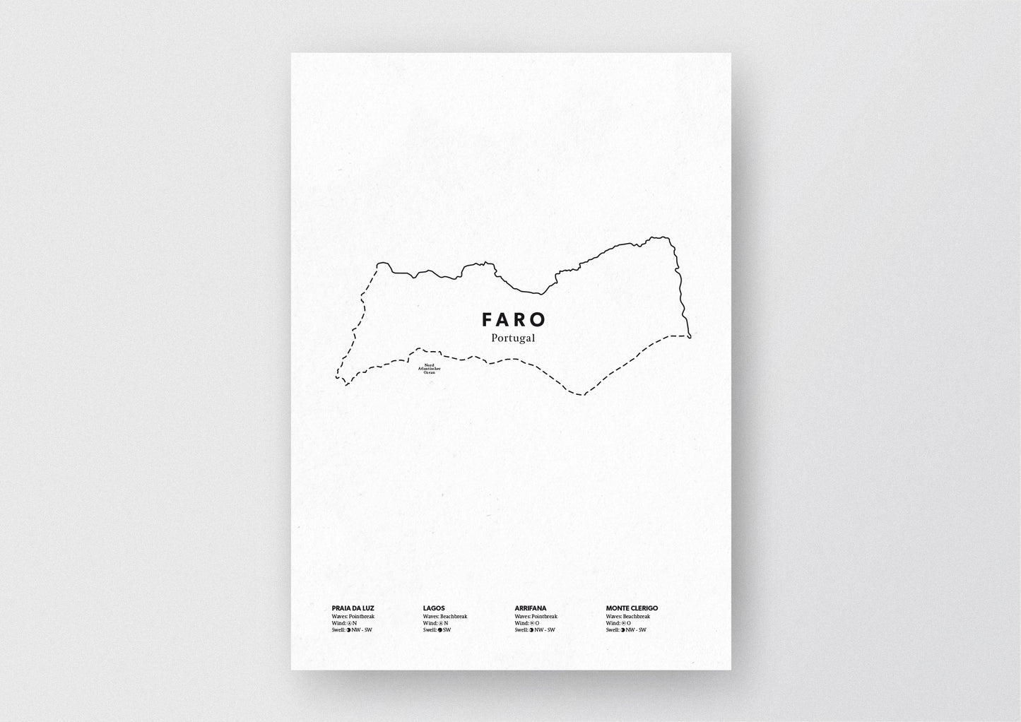 Minimalistische Illustration der Karte von Faro, mit Markierung der Küste sowie vier Surfhotspots der Region, als stilvoller Einrichtungsgegenstand für Zuhause.