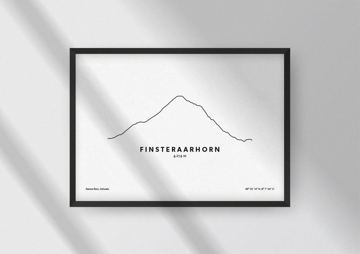 Minimalistische Illustration des Finsteraarhorn, dem höchsten Gipfel der Berner Alpen, als stilvoller Einrichtungsgegenstand für Zuhause.