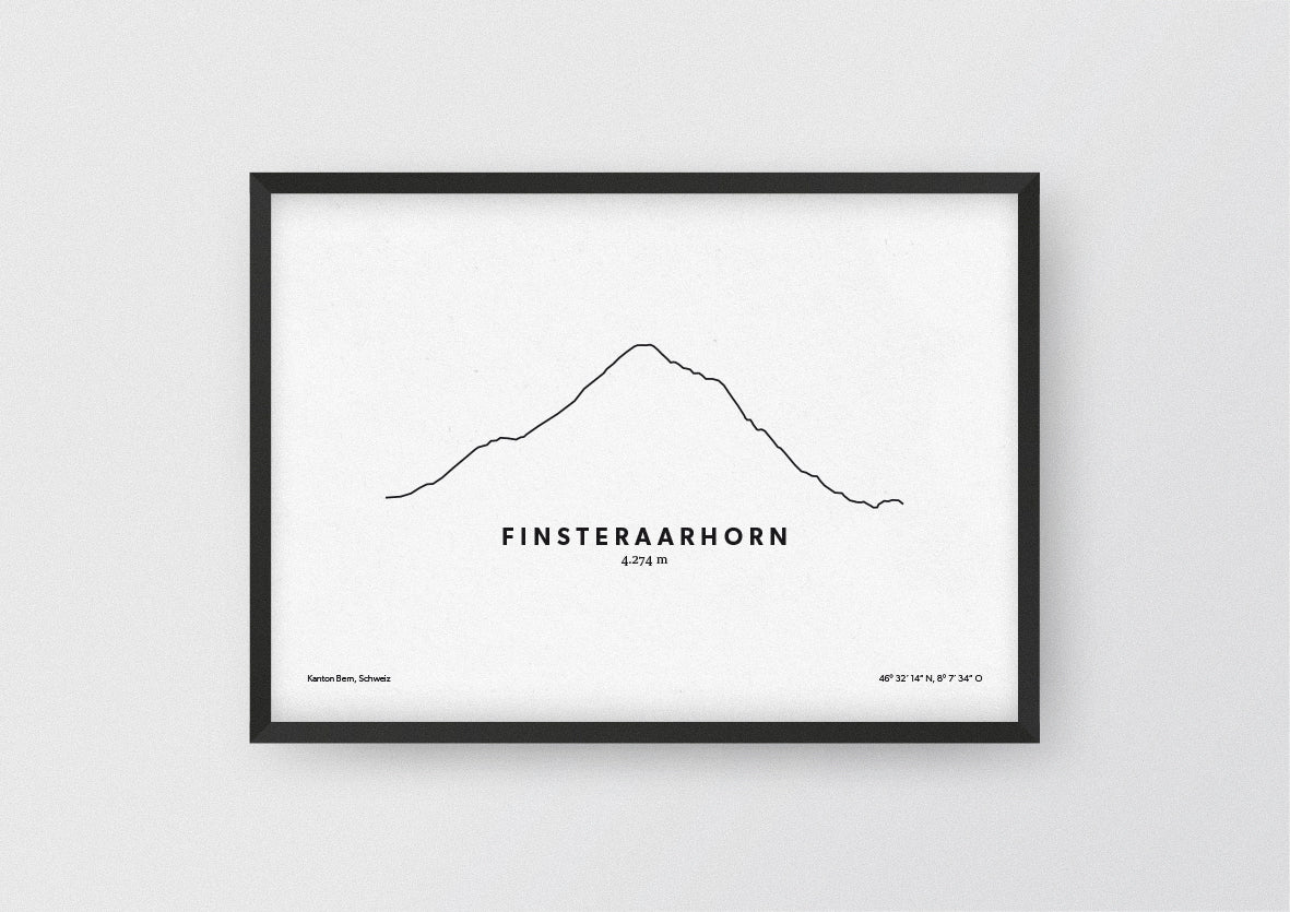 Minimalistische Illustration des Finsteraarhorn, dem höchsten Gipfel der Berner Alpen, als stilvoller Einrichtungsgegenstand für Zuhause.