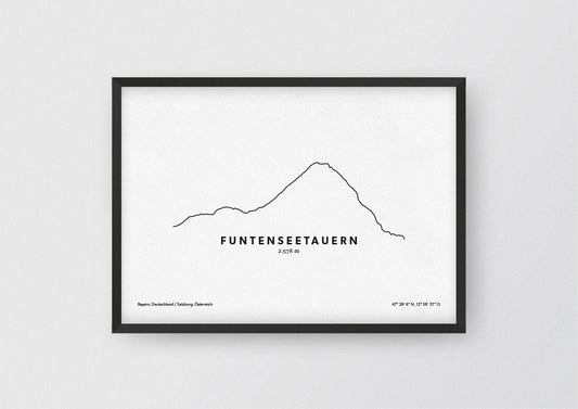 Minimalistische Illustration des Funtenseetauern, einem Grenzgipfel zwischen Deutschland und Österreich am Nordrand des Steinernen Meeres, als stilvoller Einrichtungsgegenstand für Zuhause.