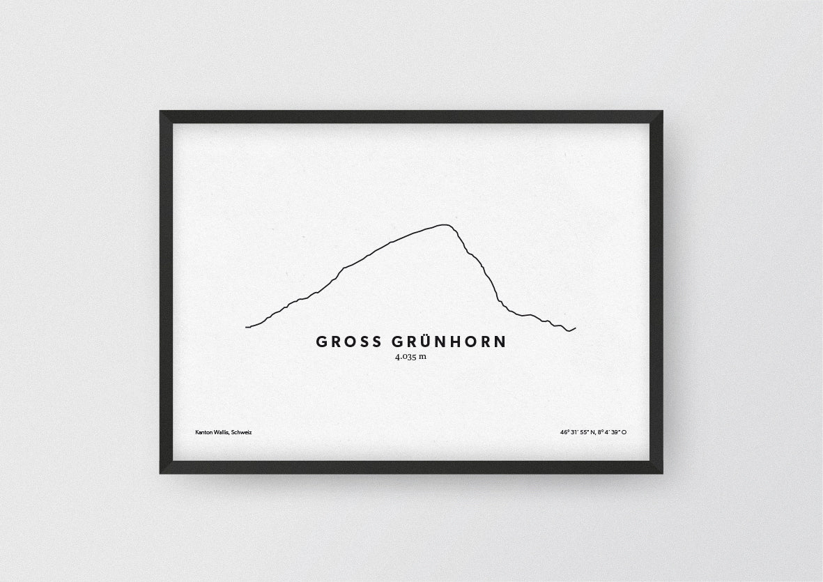 Minimalistische Illustration des Groß Grünhorn in den Berner Alpen, als stilvoller Einrichtungsgegenstand für Zuhause.