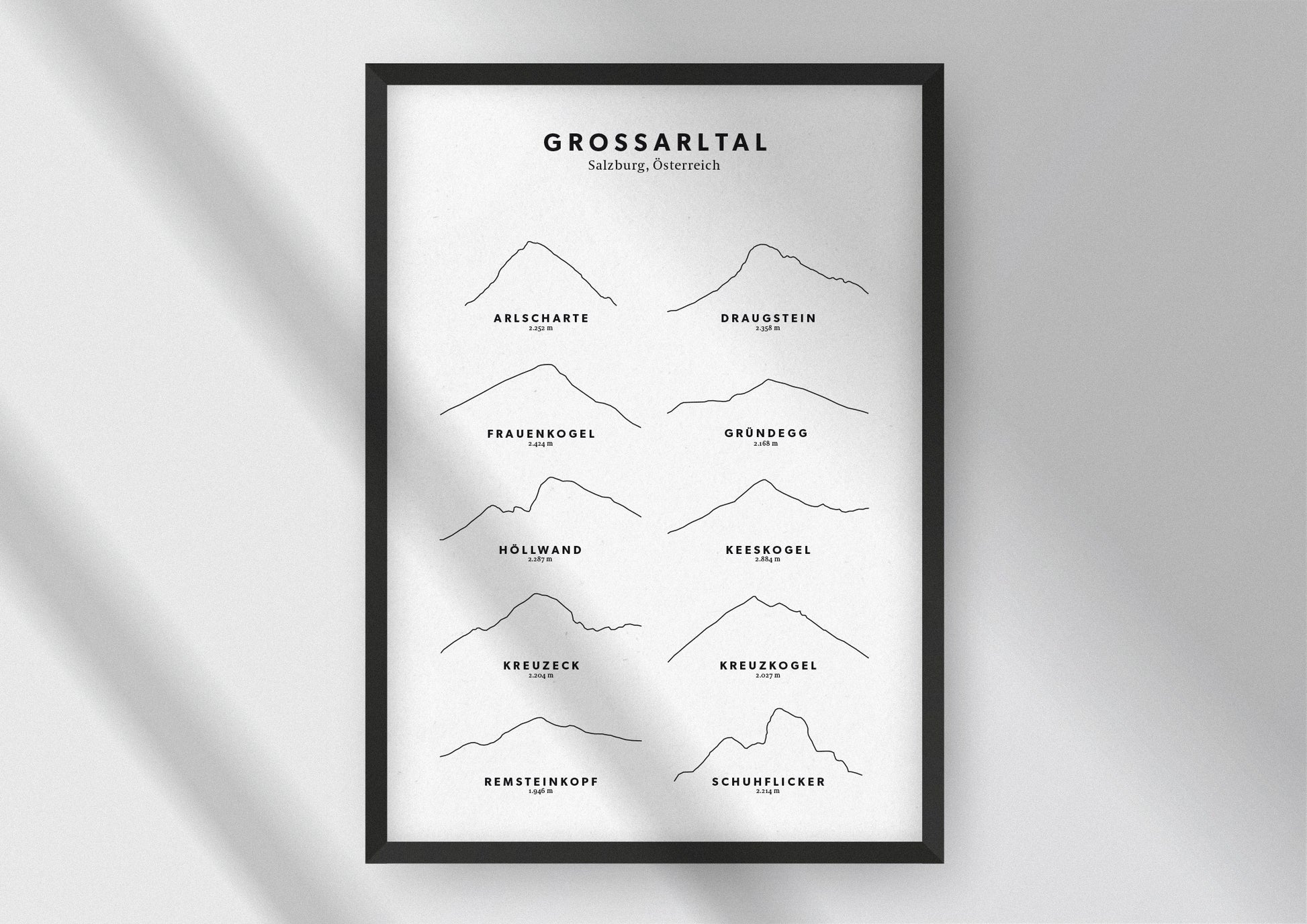 Minimalistische Illustration des Großarltals, dem Tal der Almen, als stilvoller Einrichtungsgegenstand für Zuhause.