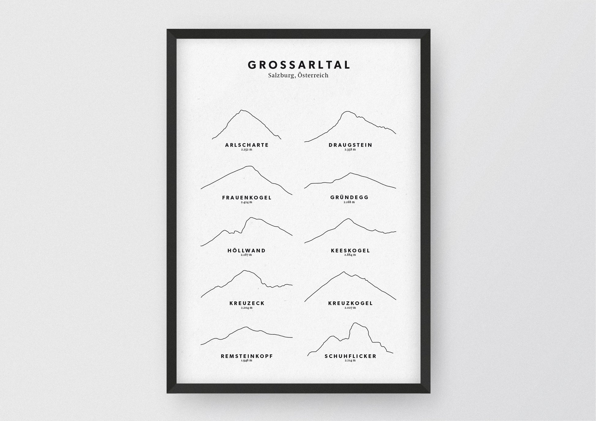 Minimalistische Illustration des Großarltals, dem Tal der Almen, als stilvoller Einrichtungsgegenstand für Zuhause.