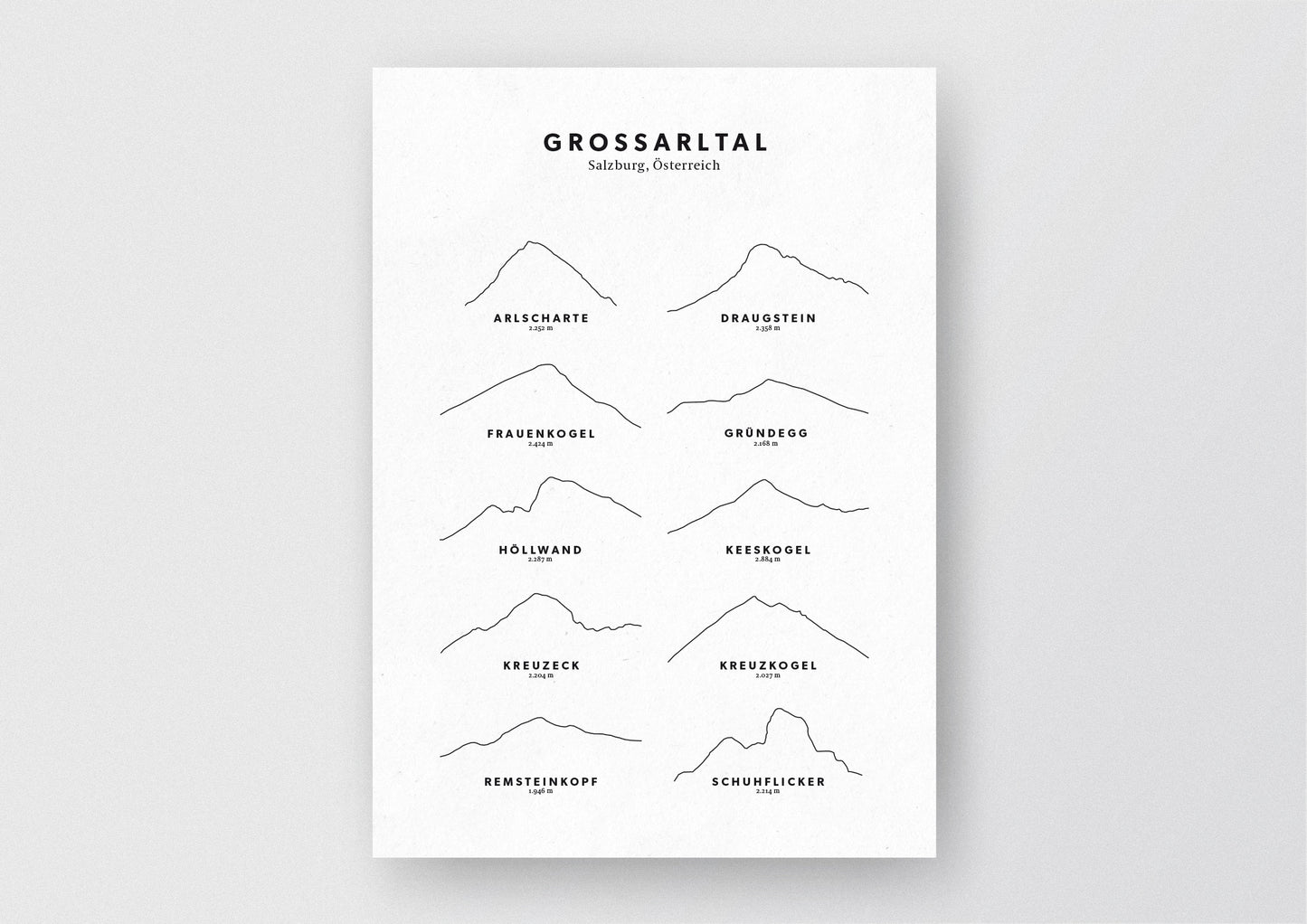 Minimalistische Illustration des Großarltals, dem Tal der Almen, als stilvoller Einrichtungsgegenstand für Zuhause.