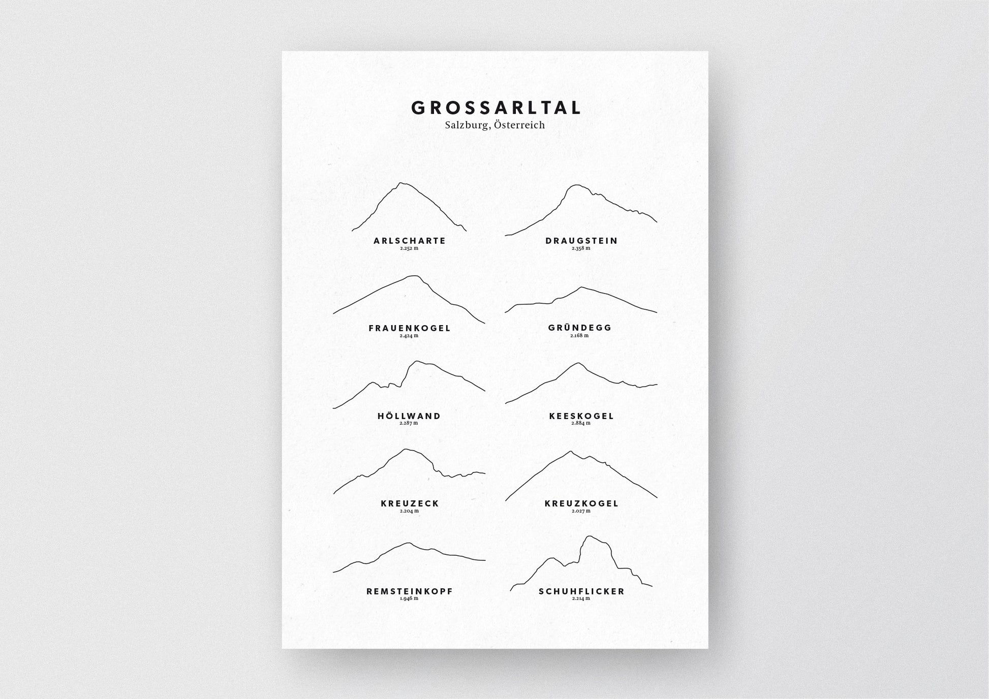 Minimalistische Illustration des Großarltals, dem Tal der Almen, als stilvoller Einrichtungsgegenstand für Zuhause.