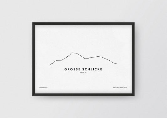 Minimalistische Illustration der Grossen Schlicke im Tannheimer Tal, als stilvoller Einrichtungsgegenstand für Zuhause.