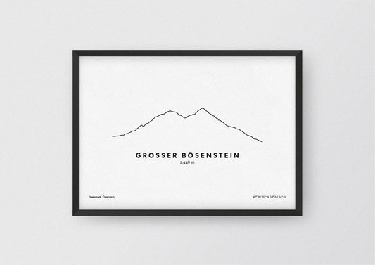 Minimalistische Illustration des Großen Bösenstein in den Rottenmanner Tauern in der Steiermark, als stilvoller Einrichtungsgegenstand für Zuhause.