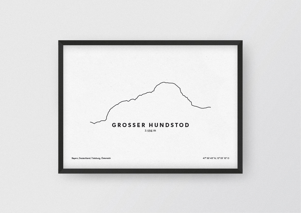 Minimalistische Illustration des Großen Hundstod, einem der Hauptgipfel des Steinernen Meers in den Berchtesgadener Alpen, als stilvoller Einrichtungsgegenstand für Zuhause.