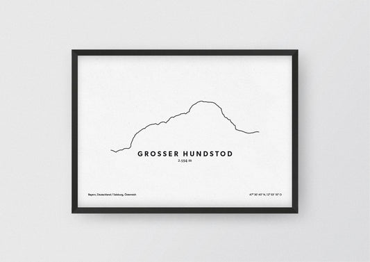Minimalistische Illustration des Großen Hundstod, einem der Hauptgipfel des Steinernen Meers in den Berchtesgadener Alpen, als stilvoller Einrichtungsgegenstand für Zuhause.