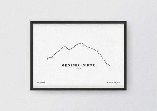 Minimalistische Illustration des Großen Isidor, einem Berg in den Stubaier Alpen in Tirol, als stilvoller Einrichtungsgegenstand für Zuhause.