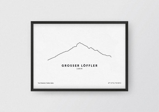 Minimalistische Illustration des Großen Löfflers, im Hauptkamm der Zillertaler Alpen, als stilvoller Einrichtungsgegenstand für Zuhause.