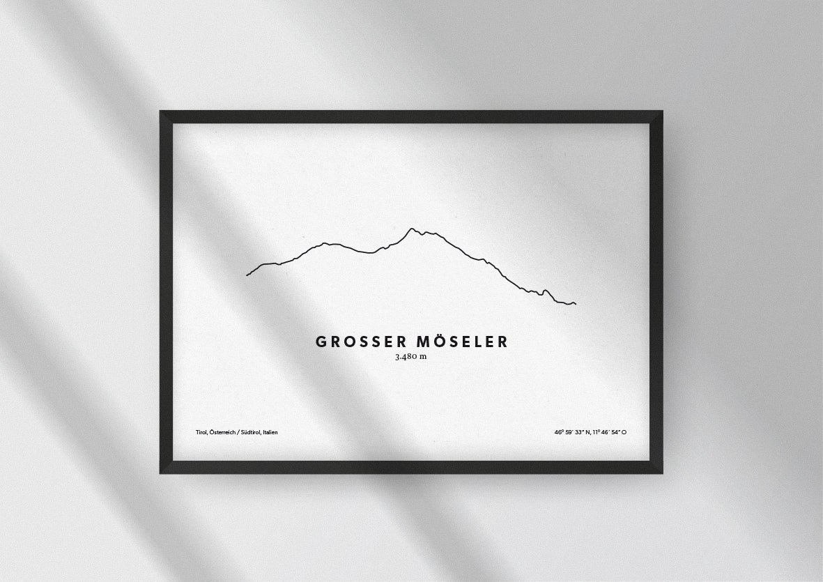 Minimalistische Illustration des Großen Möseler, dem zweithöchsten Berg der Zillertaler Alpen, als stilvoller Einrichtungsgegenstand für Zuhause.