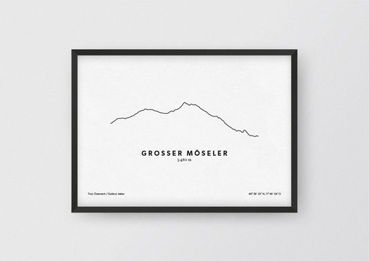 Minimalistische Illustration des Großen Möseler, dem zweithöchsten Berg der Zillertaler Alpen, als stilvoller Einrichtungsgegenstand für Zuhause.