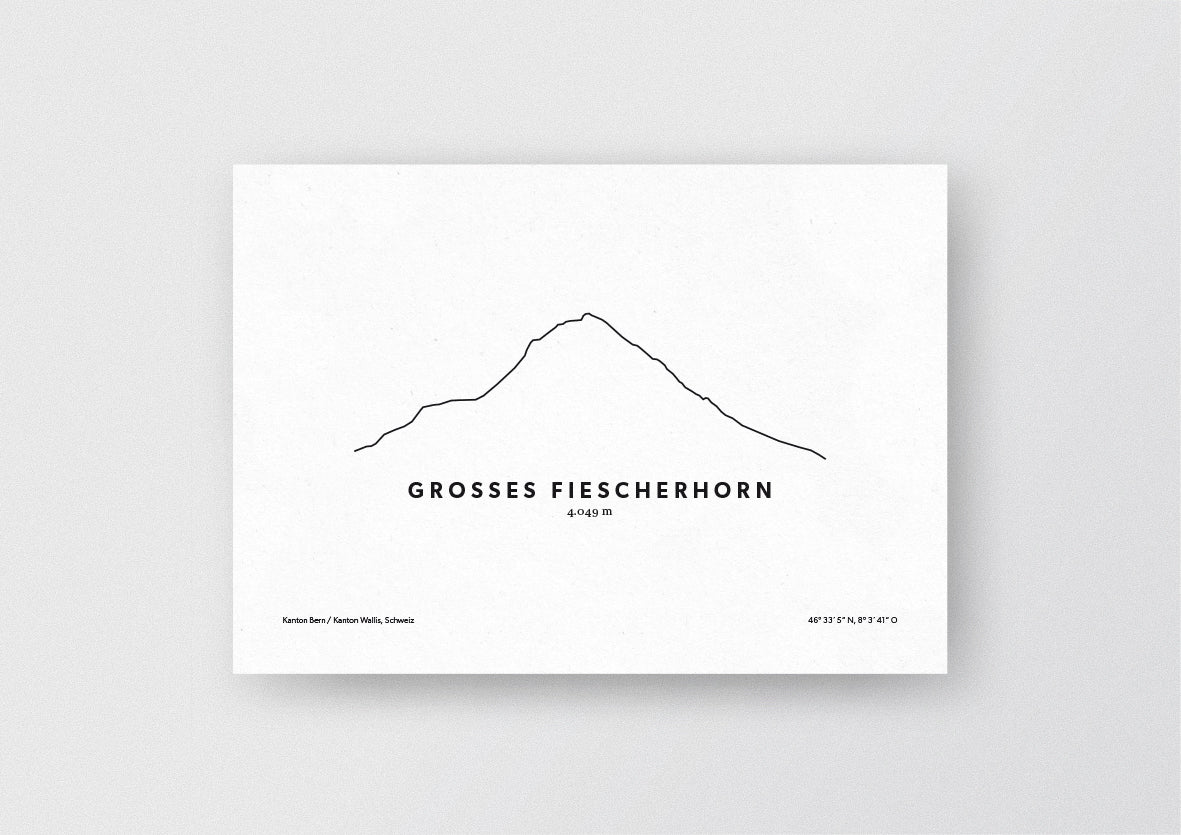 Minimalistische Illustration des Großen Fiescherhorn in den Berner Alpen, als stilvoller Einrichtungsgegenstand für Zuhause.