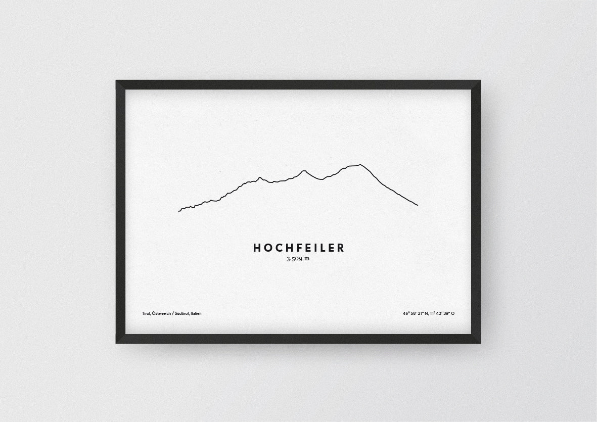 Minimalistische Illustration des Hochfeiler, dem höchsten Berg der Zillertaler Alpen, als stilvoller Einrichtungsgegenstand für Zuhause.