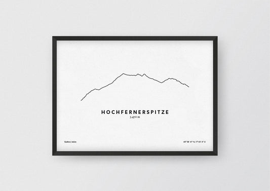 Minimalistische Illustration der Hochfernerspitze, einem der höchsten Berge der Zillertaler Alpen, als stilvoller Einrichtungsgegenstand für Zuhause.