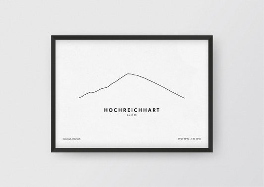Minimalistische Illustration des Hochreichhart in der Steiermark, als stilvoller Einrichtungsgegenstand für Zuhause.