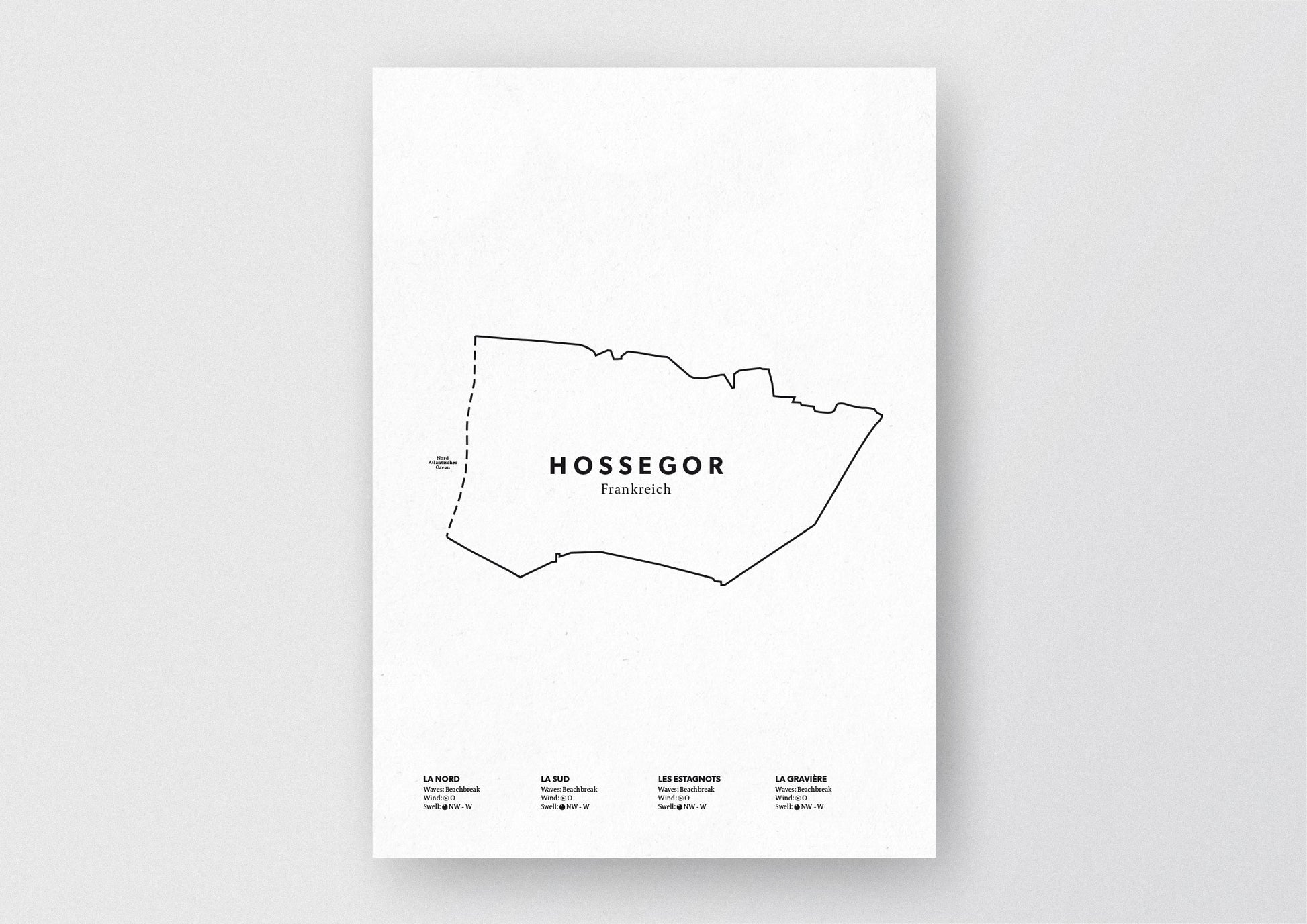 Minimalistische Illustration der Karte von Hossegor, mit Markierung der Küste sowie vier Surfhotspots der Region, als stilvoller Einrichtungsgegenstand für Zuhause.