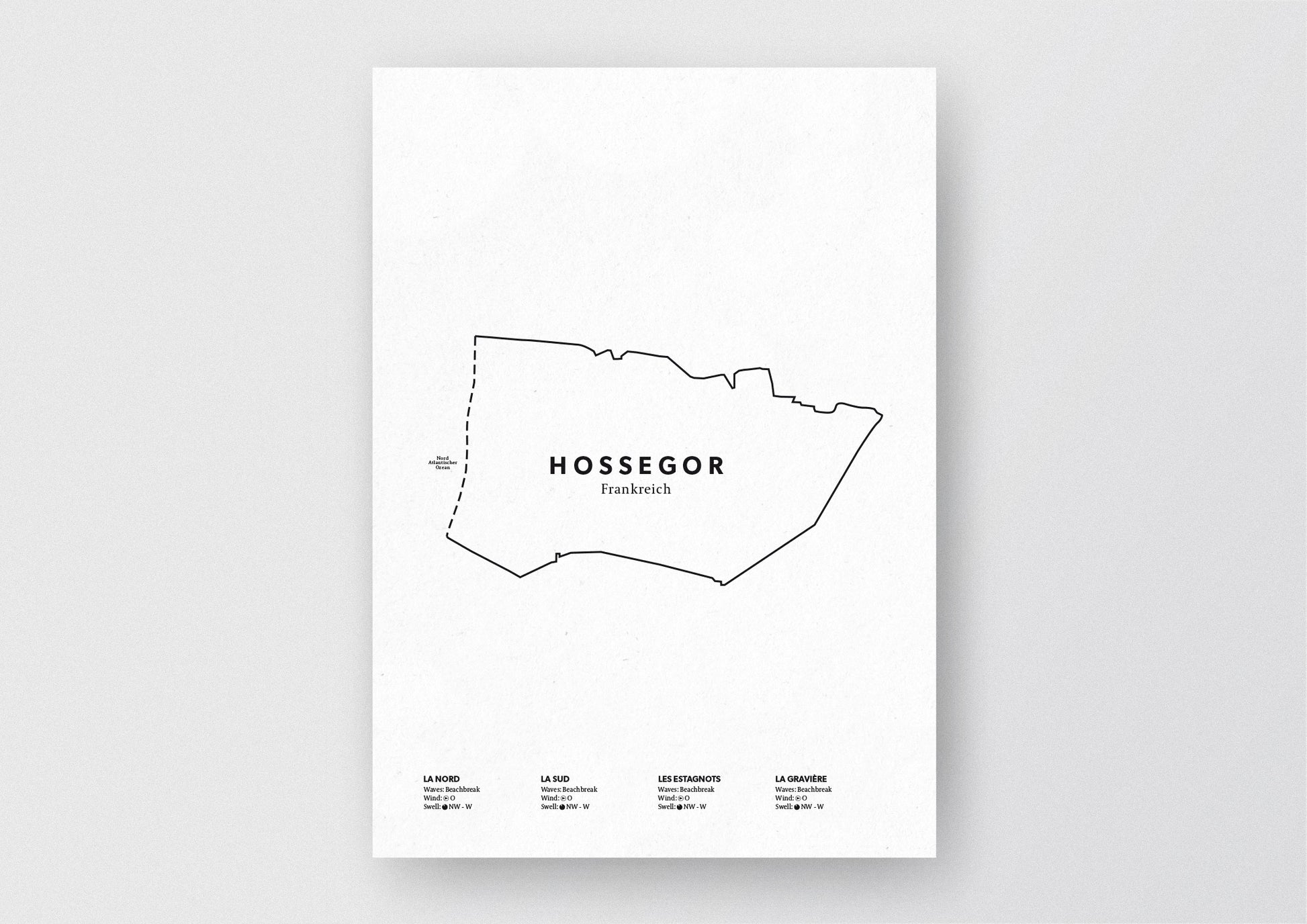 Minimalistische Illustration der Karte von Hossegor, mit Markierung der Küste sowie vier Surfhotspots der Region, als stilvoller Einrichtungsgegenstand für Zuhause.