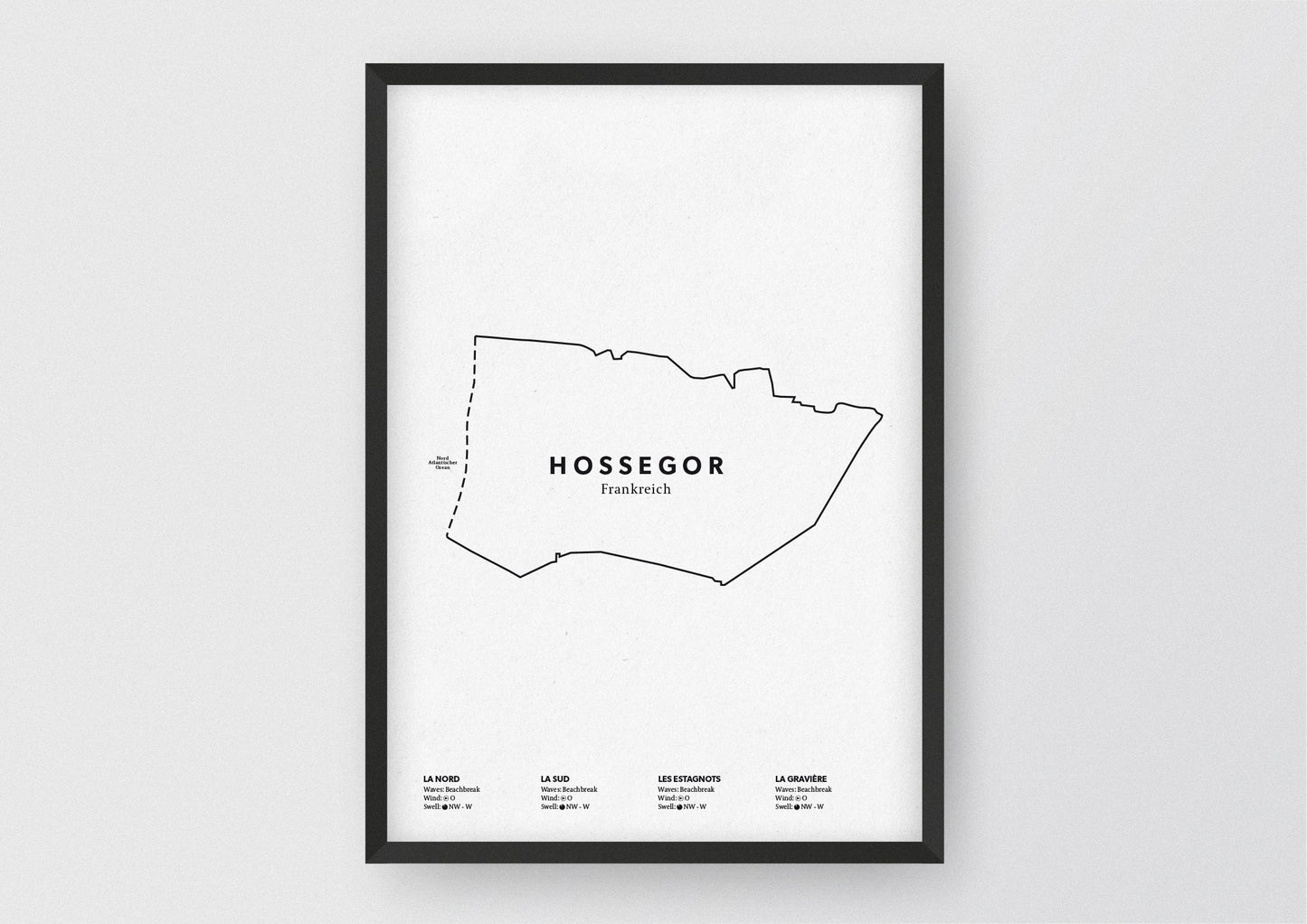 Minimalistische Illustration der Karte von Hossegor, mit Markierung der Küste sowie vier Surfhotspots der Region, als stilvoller Einrichtungsgegenstand für Zuhause.