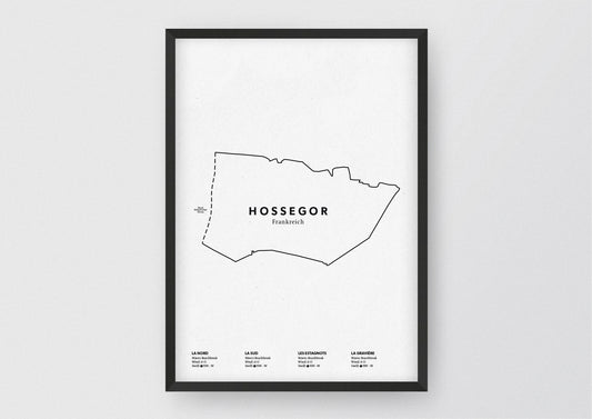 Minimalistische Illustration der Karte von Hossegor, mit Markierung der Küste sowie vier Surfhotspots der Region, als stilvoller Einrichtungsgegenstand für Zuhause.