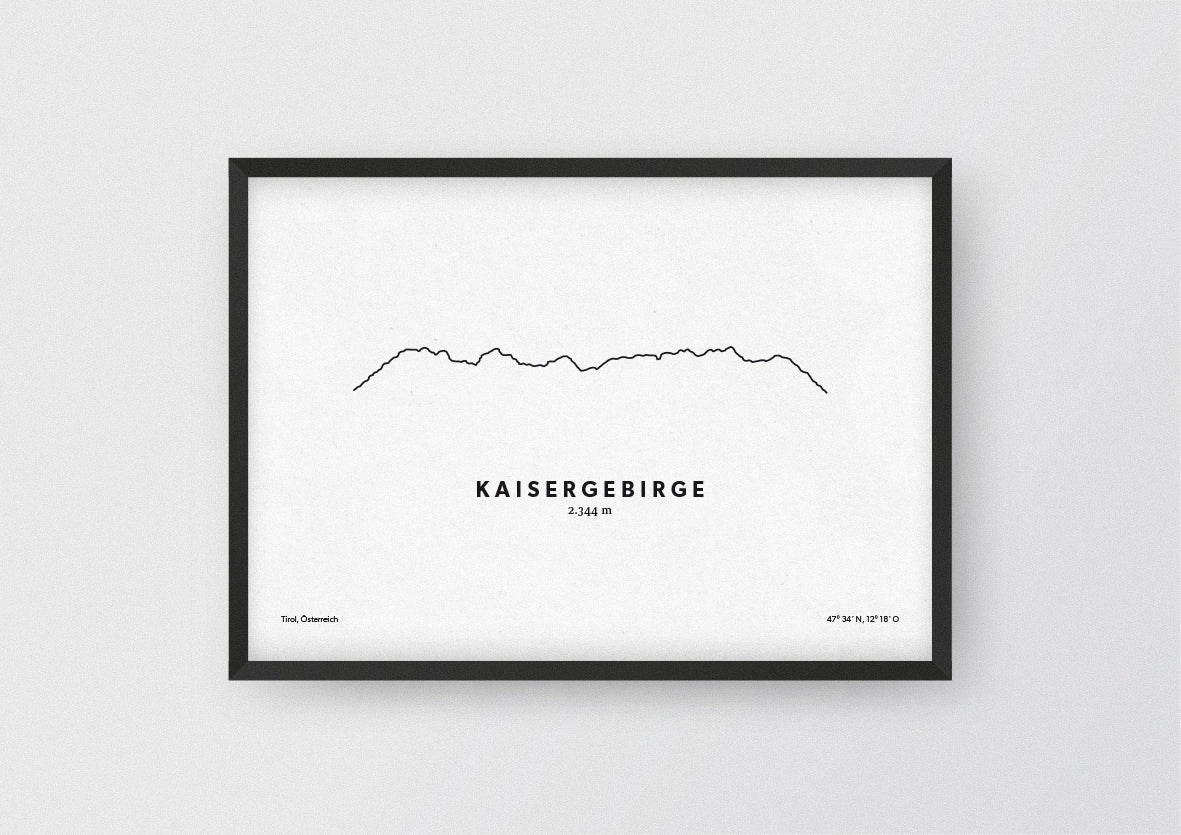 Minimalistische Illustration des Kaisergebirges, als stilvoller Einrichtungsgegenstand für Zuhause.