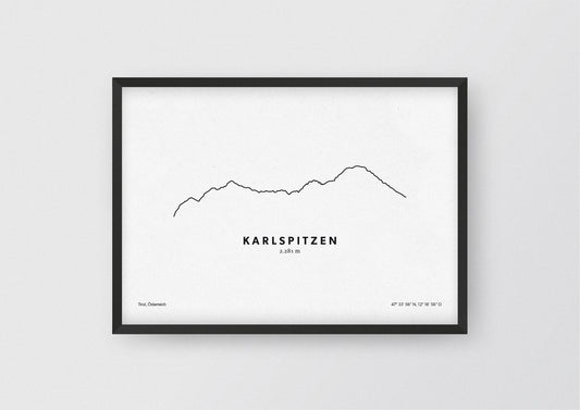 Minimalistische Illustration der Karlspitzen, einem zweigipfligen Berg im Kaisergebirge in Tirol, als stilvoller Einrichtungsgegenstand für Zuhause.