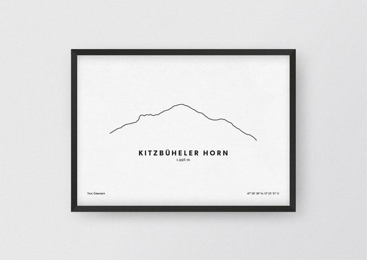 Minimalistische Illustration des Kitzbüheler Horn, einem der bedeutenderen Berge der Kitzbüheler Alpen in Tirol, als stilvoller Einrichtungsgegenstand für Zuhause.