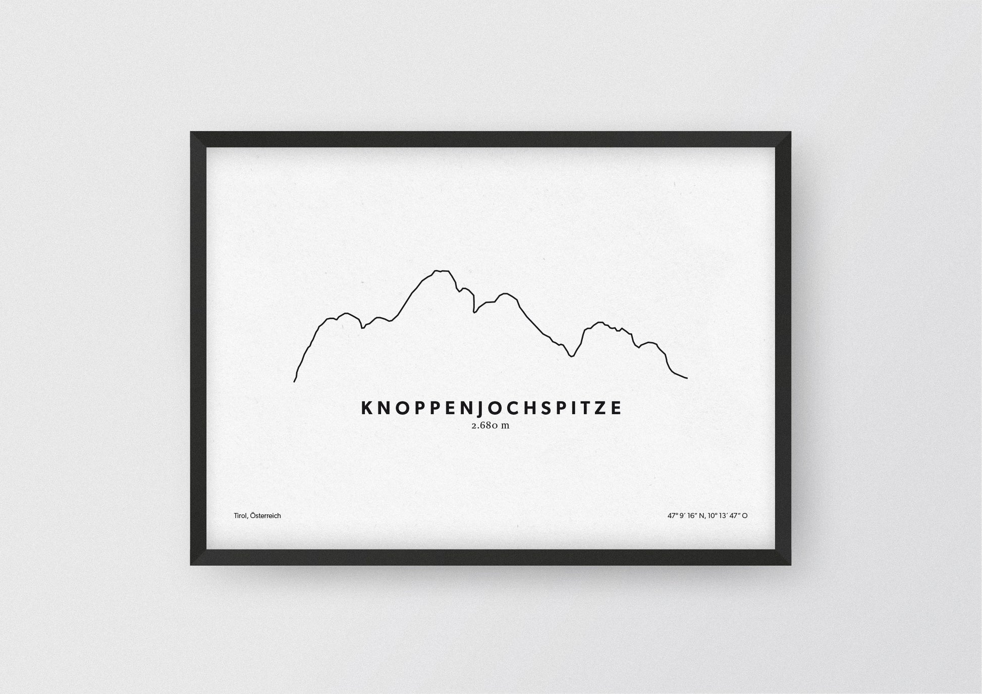 Minimalistische Illustration der Knoppenjochspitze in Tirol, als stilvoller Einrichtungsgegenstand für Zuhause.