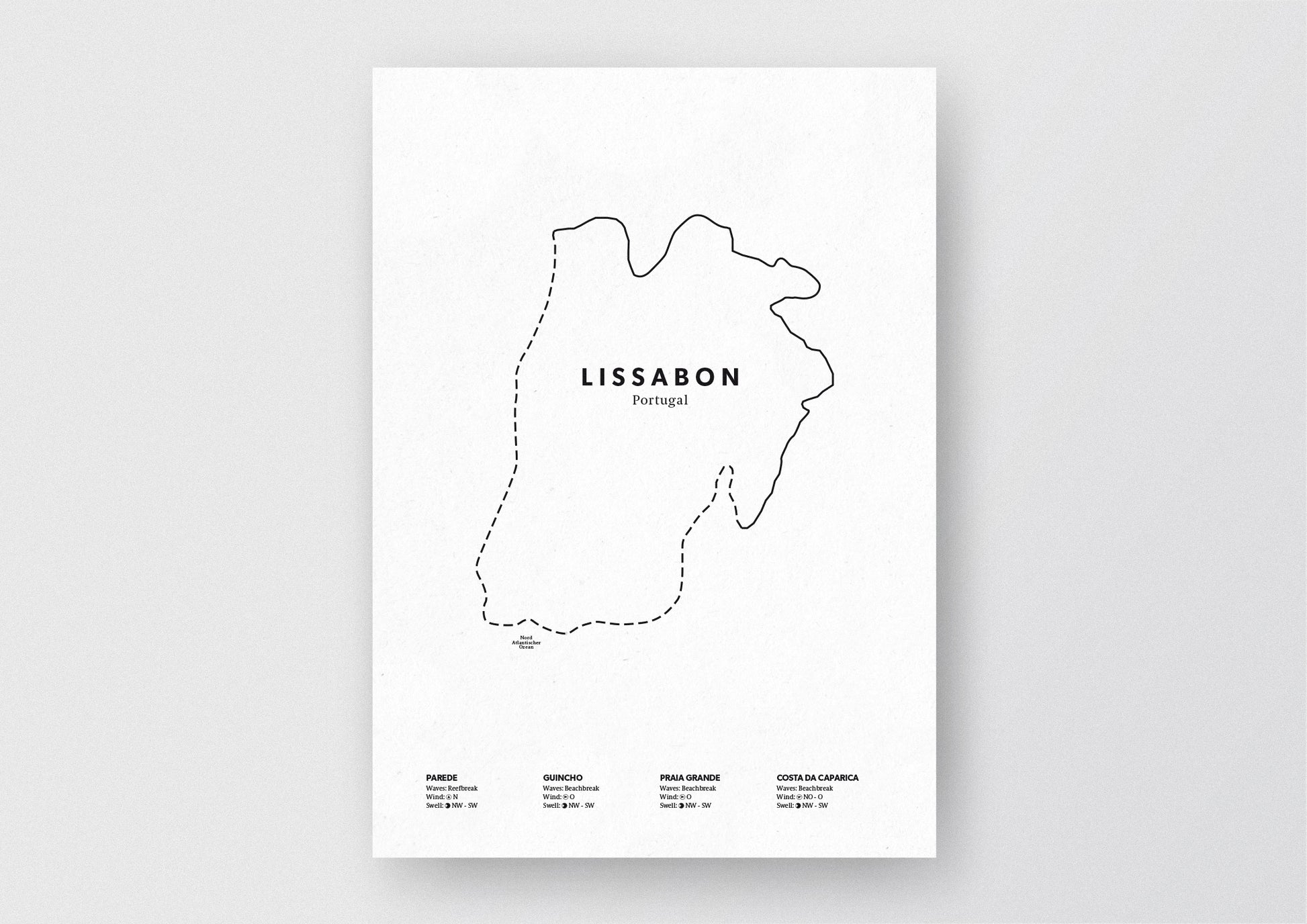 Minimalistische Illustration der Karte von Lissabon, mit Markierung der Küste sowie vier Surfhotspots der Region, als stilvoller Einrichtungsgegenstand für Zuhause.