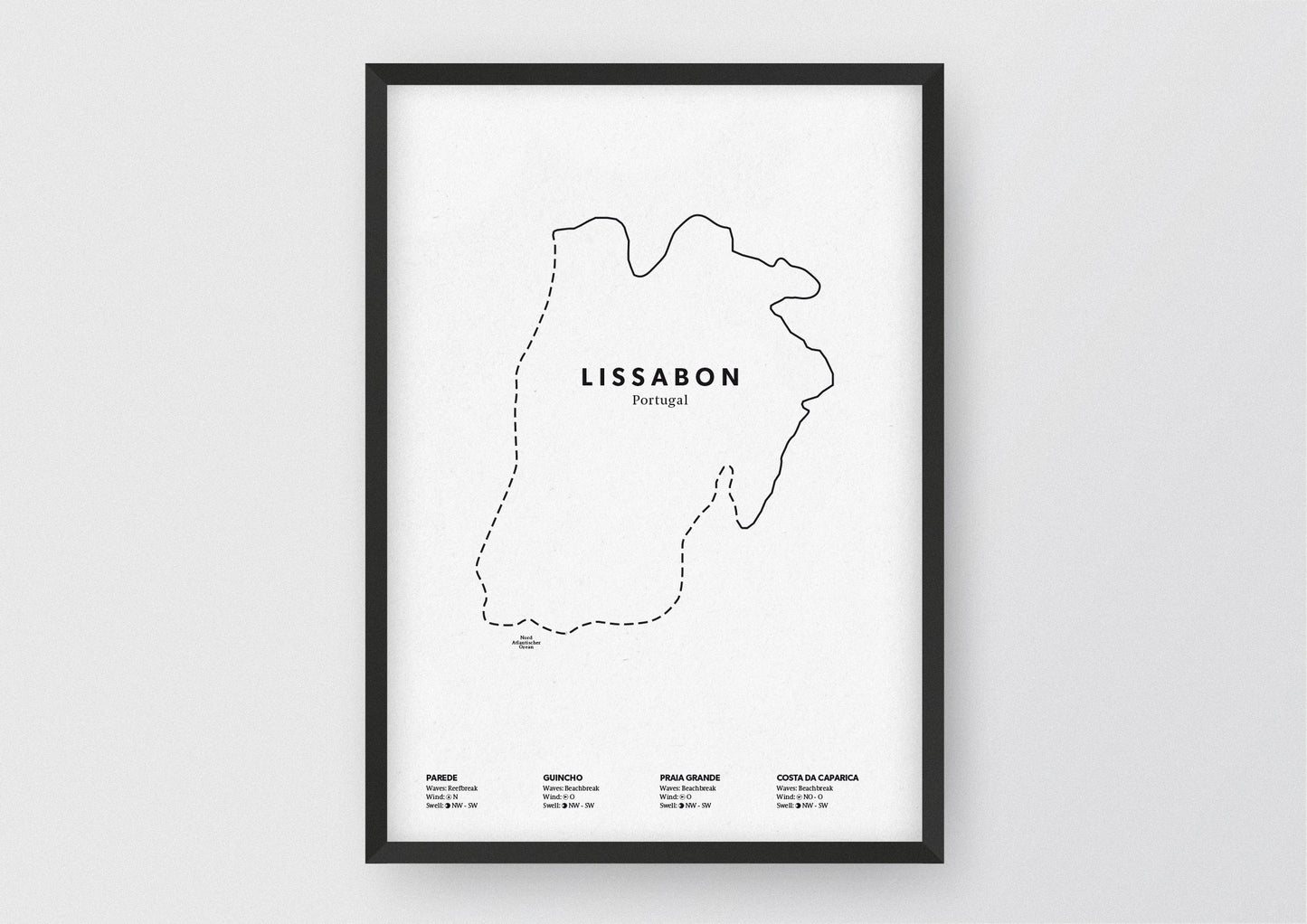 Minimalistische Illustration der Karte von Lissabon, mit Markierung der Küste sowie vier Surfhotspots der Region, als stilvoller Einrichtungsgegenstand für Zuhause.