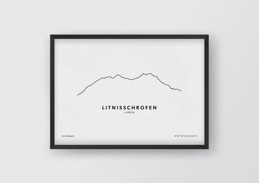 Minimalistische Illustration des Litnisschrofen in Tirol, als stilvoller Einrichtungsgegenstand für Zuhause.